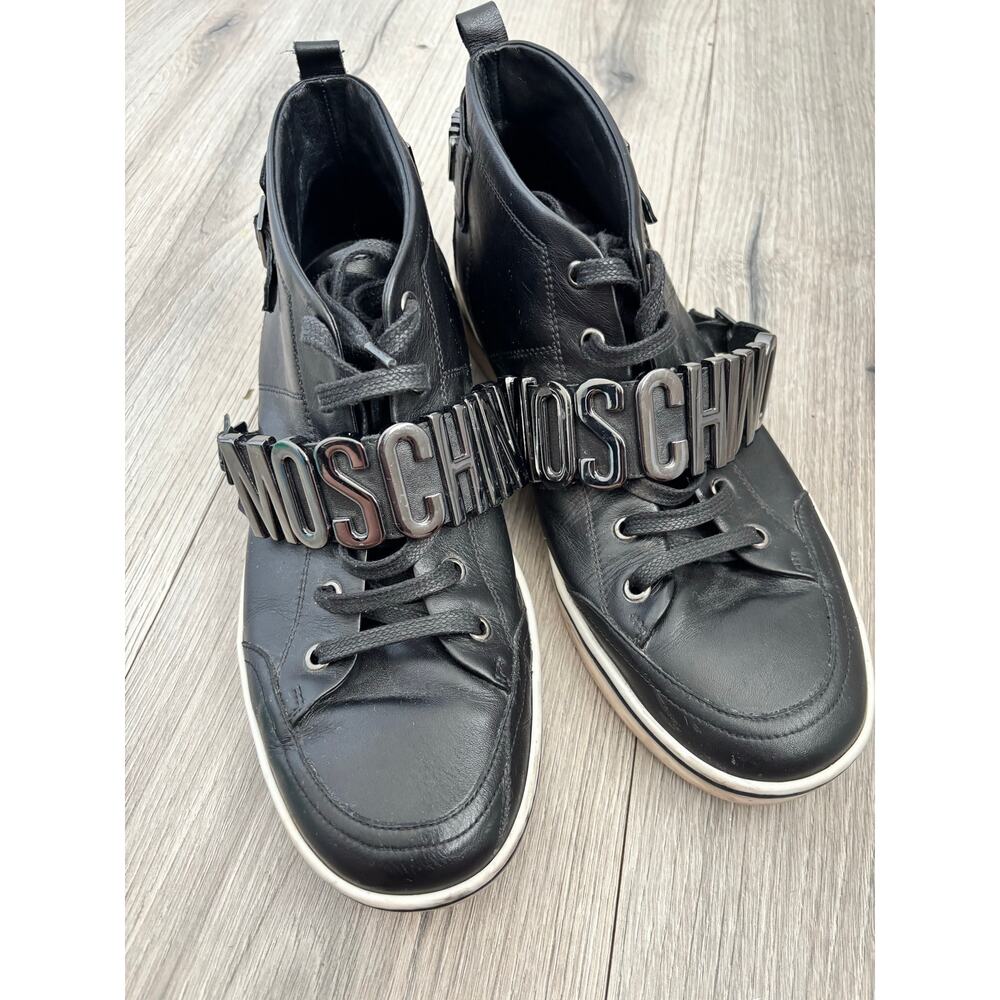 MOSCHINO logo mid top black leather sneakers. Logo hardware 43IT or US 10M - Picture 2 of 9